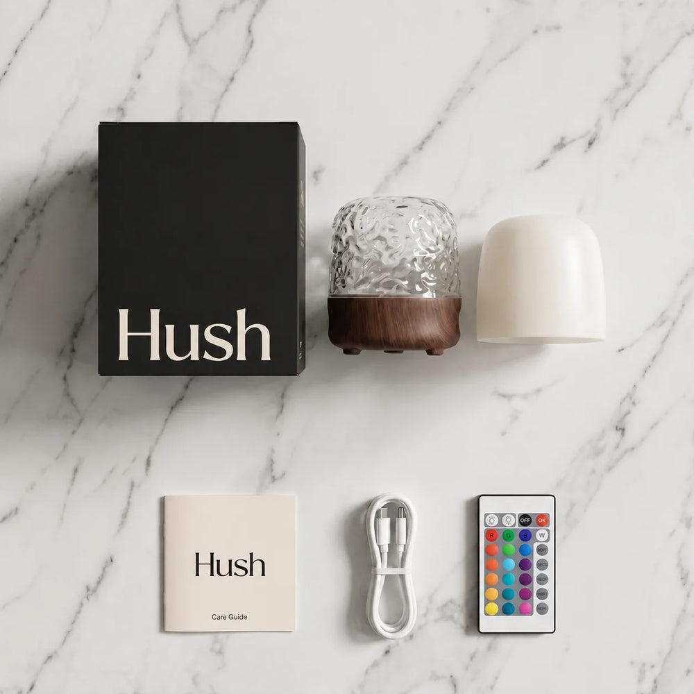 Hush Halo lamp, removable diffusion dome, USB-C cable, remote and Care Guide laid out
