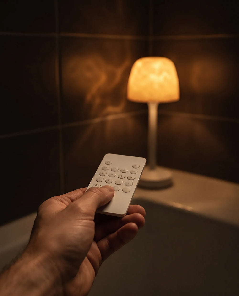 Close-up of the remote selecting a warm amber mode