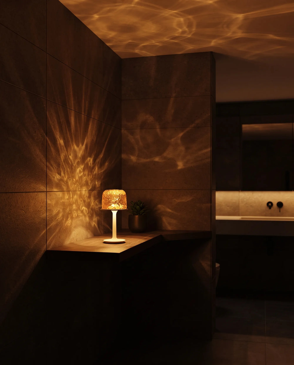 Dark bathroom filled with soft amber light