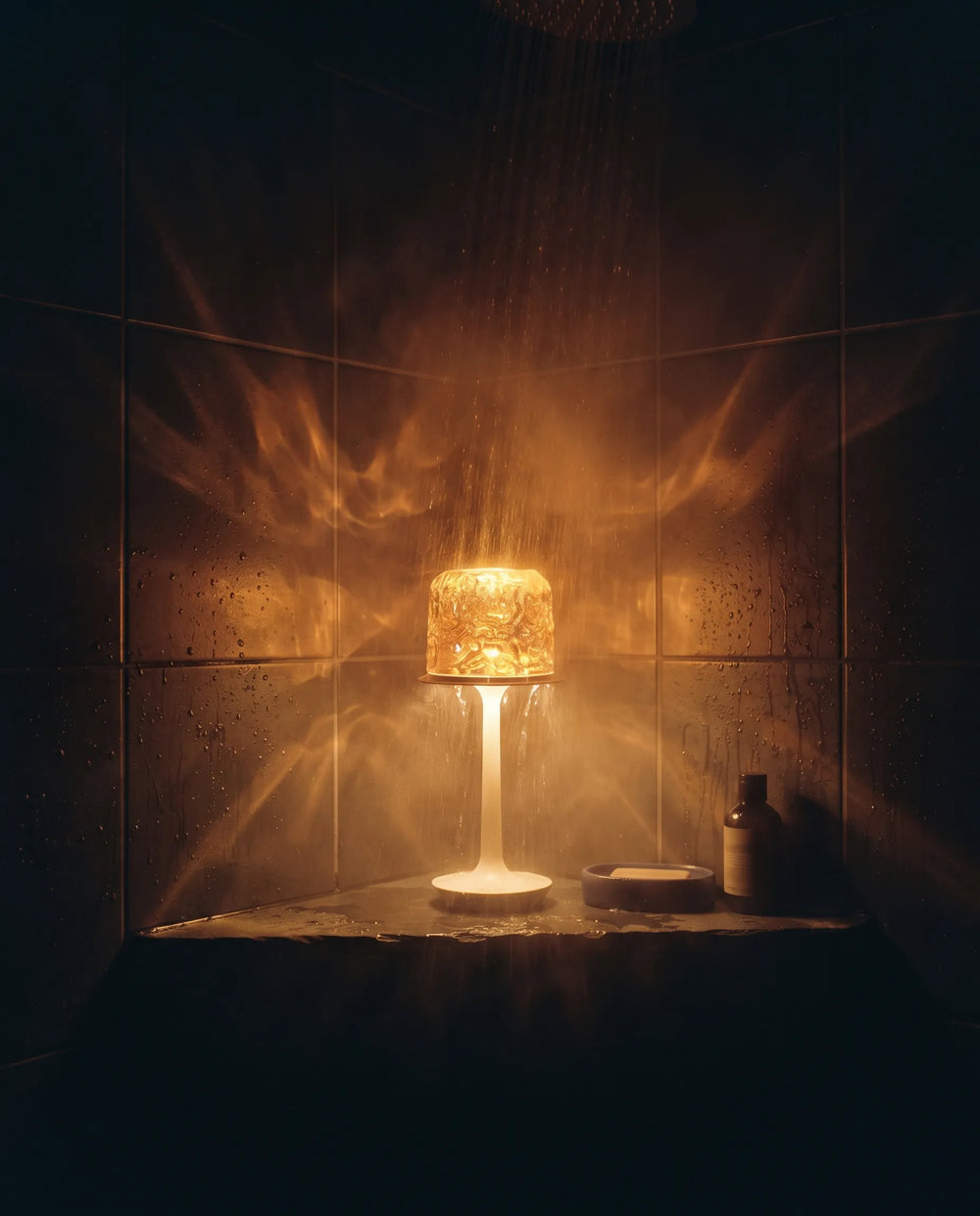 A low-lit evening setup with two lamps