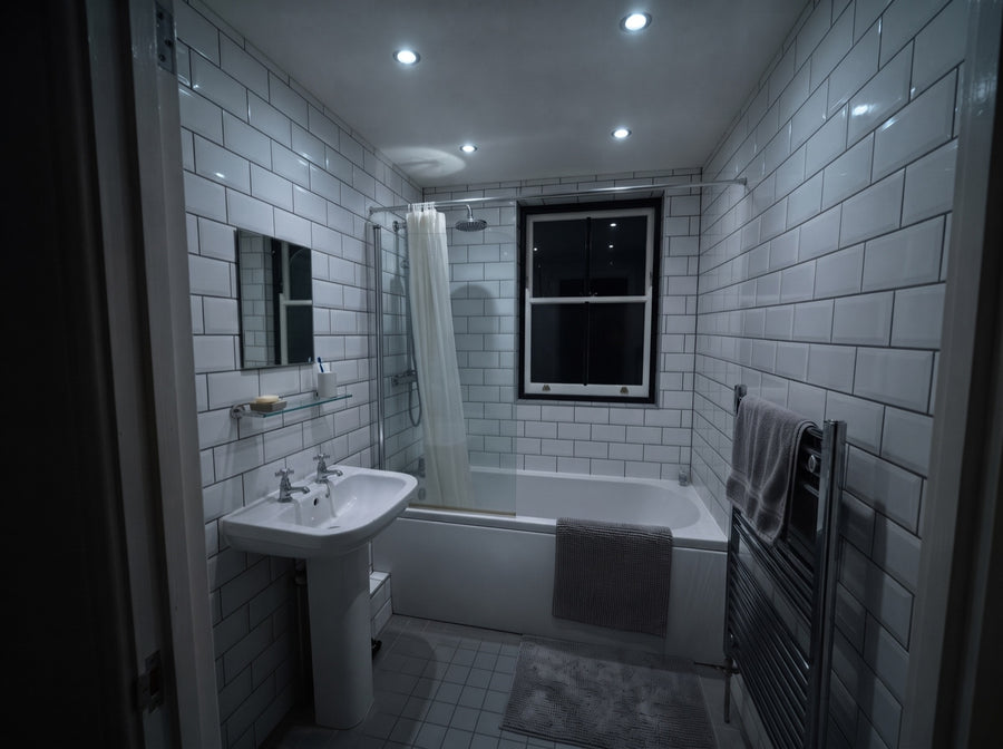 The same bathroom with the ceiling spotlights dimmed, still cold and white